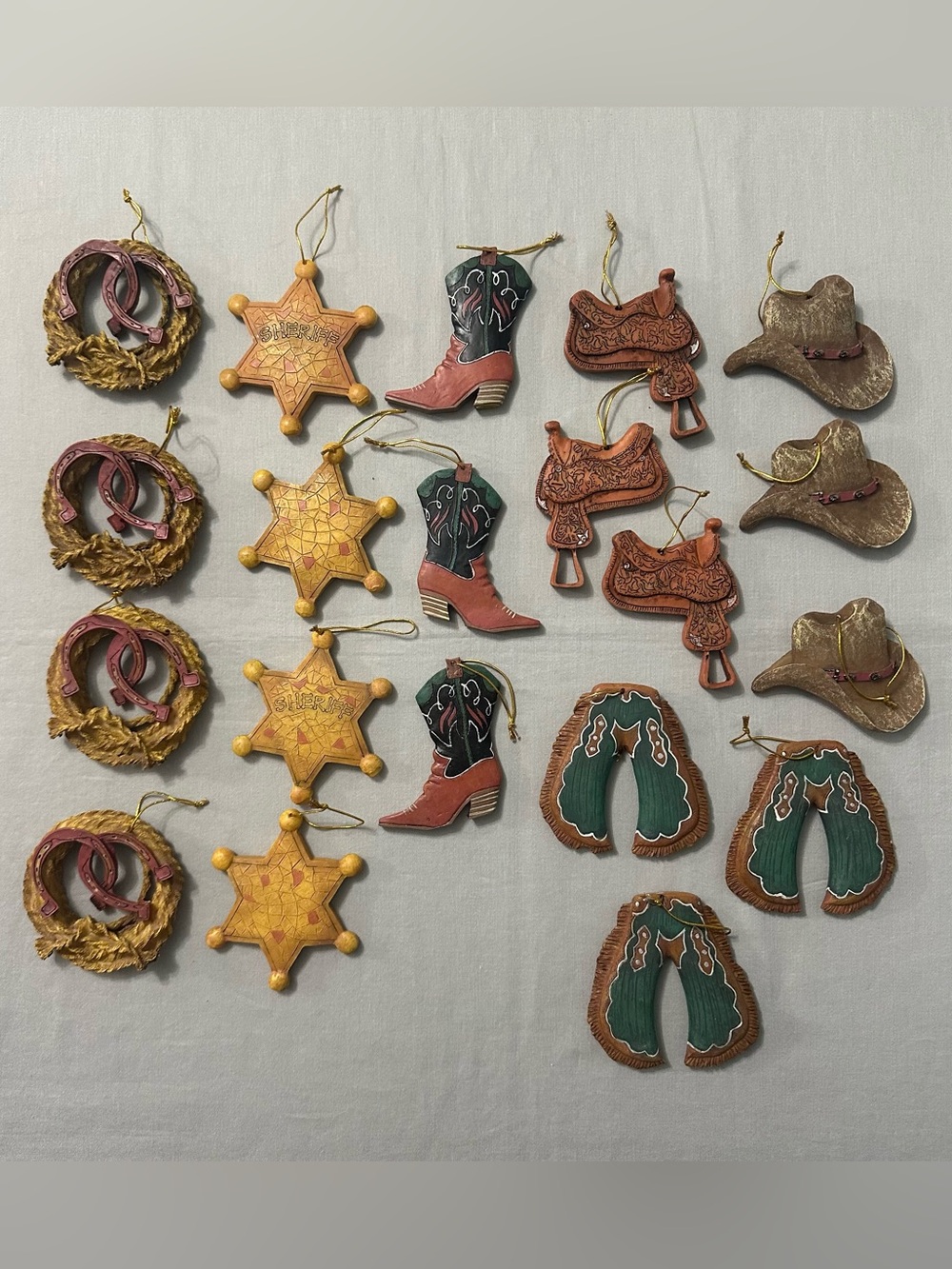 20 Pc Western Christmas Ornaments Set Resin Cowboy Boots Saddles Hats Chaps